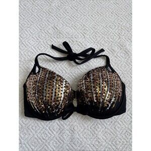 Victorias Secret Sequin Bra Gorgeous Plunge Black Gold Lingerie Padded 32 DD